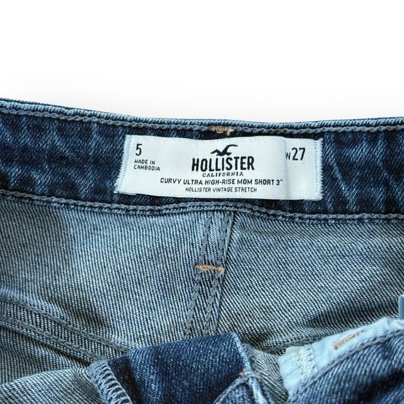 Hollister Curvy Ultra High Rise Mom Shorts Womens Size 27/5 Dark Wash 3” Inseam - Picture 2 of 7
